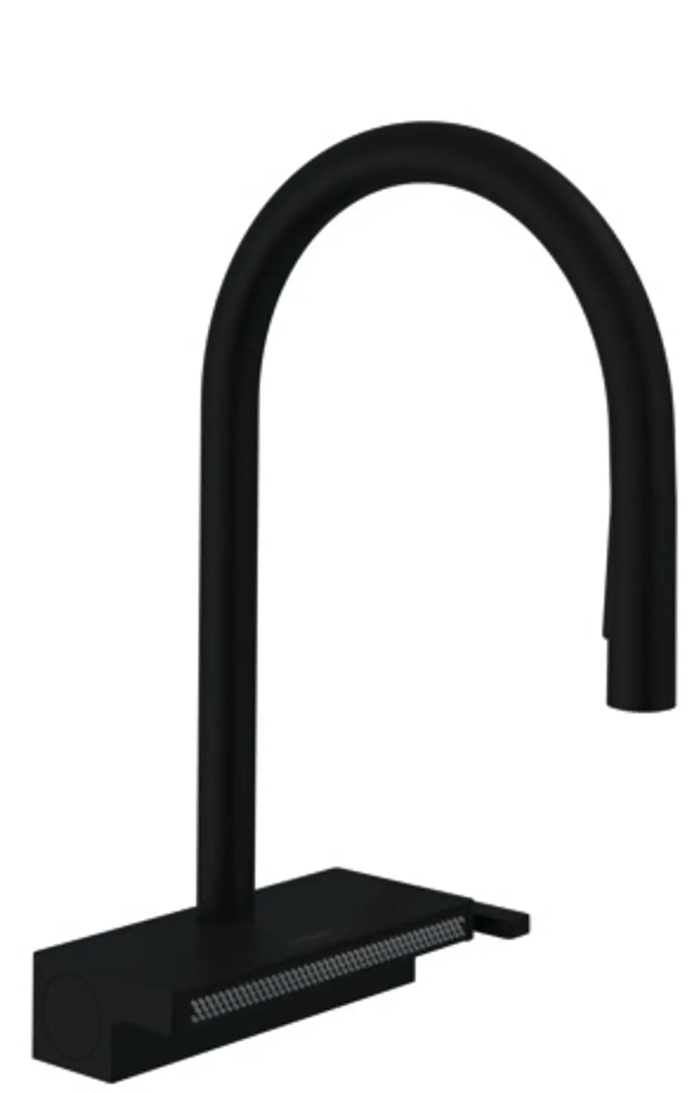 Schwarzer Küchenauslauf mit hohem Bogen und ausziehbarem Schlauch. Die Brause verfügt über drei Strahlarten. Produkt von Hansgrohe, funktionales Design für Spültische.